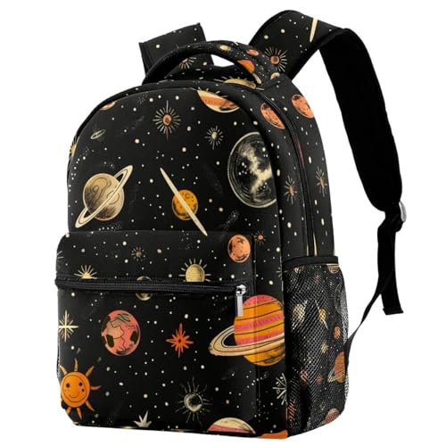 Sac à dos de voyage pour filles et garçons motif univers noir taille unique avec filet gourde
