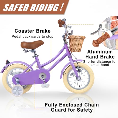 Image of Glerc Little Molly 12-20 Inch Kids Retro Cruiser Bike for 2-13 Year Old with Wicker Basket & Training Wheels /Kickstand, Multiple Colors