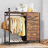 IDEALHOUSE 47' Tall Dresser with Hanging Rack & 6 Fabric Drawers, Wooden Top Organize Unit Fabric Dresser for Bedroom, LED Lights, Charging Station & Grid Panel & Hooks for Bedroom, Rustic Brown