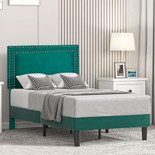 Vecelo Twin Size Platform Bed Frame With Height Adjustable Upholstered Headboard, Modern Mattress Foundation,Strong Wood Slat Support, No Box Spring Needed, Easy Assembly #TOP2