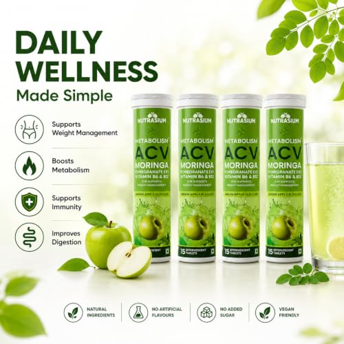 Image of Nutrasium ACV Moringa Metabolism Plus | Apple Cider Vinegar Effervescent Tablet | For Supports Weight Loss, Control Cravings, Convert Fat Into Energy, Boost Energy & Immunity | 60 Tablets Green apple