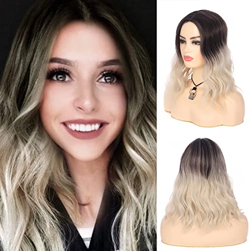 Sallcks Ombre Blonde Bob Wig for Women Short Straight Platinum Blonde Wig with Bangs Synthetic Halloween Cosplay Costume Wigs (Ombre Blonde 2)