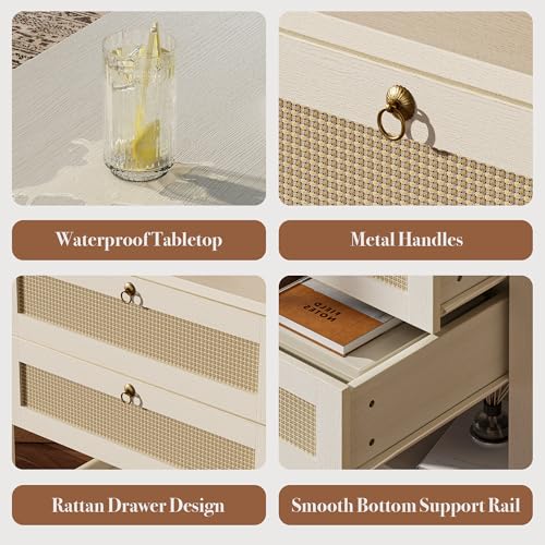 GRUSIGN Nightstand with Drawers and Storage Shelf - Large Nightstands Rattan Decor Boho Bedside Table Narrow Side Table for Bedroom, White - Image 7