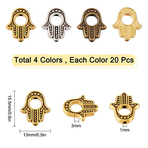 SUNNYCLUE 1 Box 80Pcs 4 Colors Hamsa Hand Bead Alloy Hand of Fatima Miriam Frame Hollow Beads Loose Spacer Charms Chakra Tibetan Style for Jewelry Making Bracelets Necklaces Crafts Supplies - Image 2