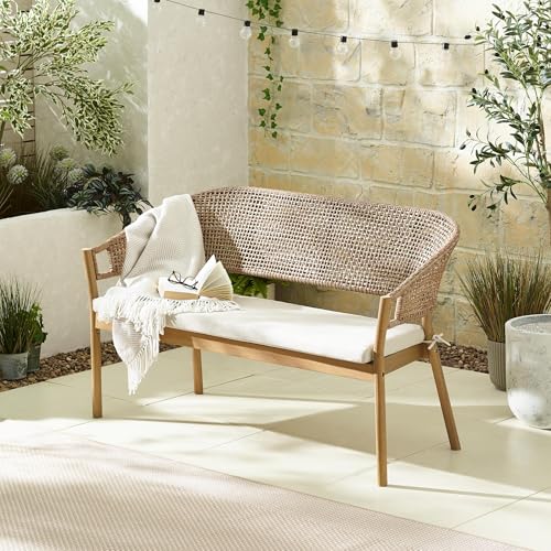 Furniturebox UK Outdoor Furniture - Asa Solid Wood 3-Seater Garden Bench with Wicker Back & Cream Olefin Cushion – FSC® Certified Teak Finish, Weather-Resistant For Patio Deck or Conservatory