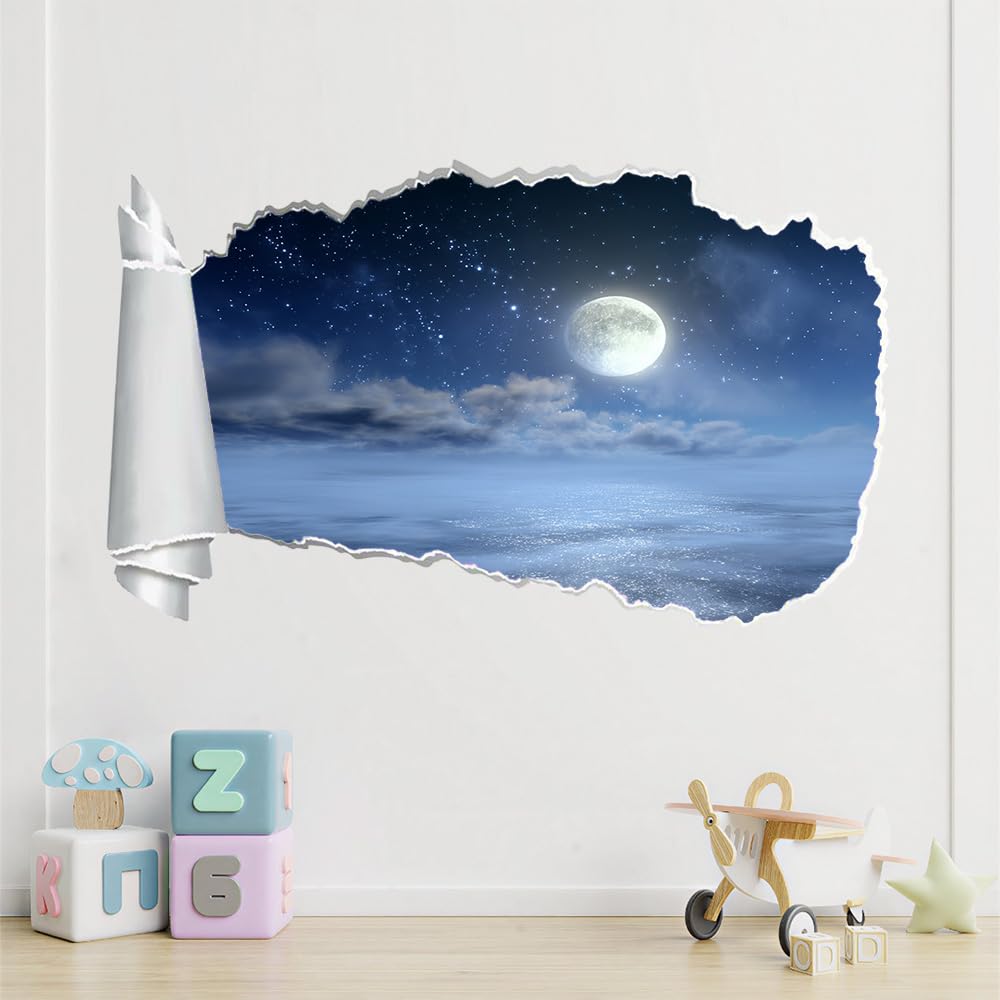 Adesivo Da Parete 3D Rimovibile Luna Decorazione Da Parete, Pavimento, Vista Notturna Del Mare Per Bagno, Camera Da Letto, Soggiorno, Sala Giochi, Murale 70X112Cm