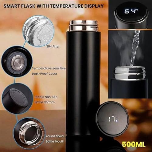 Image of Smart Temperature Water Bottle 500ml | LED Display Touch Lid | Vacuum Insulated Stainless Steel Flask | Keeps Drinks Hot & Cold | Travel, Gym, Office Use (Black)