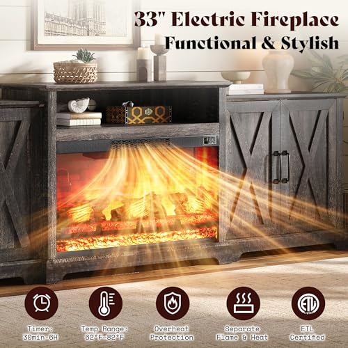 Image of AMERLIFE 97 inch Large Fireplace TV Stand for TVs up to 110 inch, Farmhouse Entertainment Center with 33 inch Electric Fireplace, Media Console with Storage Cabinets & Adjustable Shelf, Rustic Black