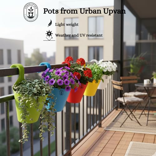 Image of Urban Upvan Plastic Hanging Planters 5 Pcs (8 Inch, Multicolor) | Flower Hanging Pots for Home & Balcony Garden | Hanging Planters for Home Plants | Hooked Hanging Pots