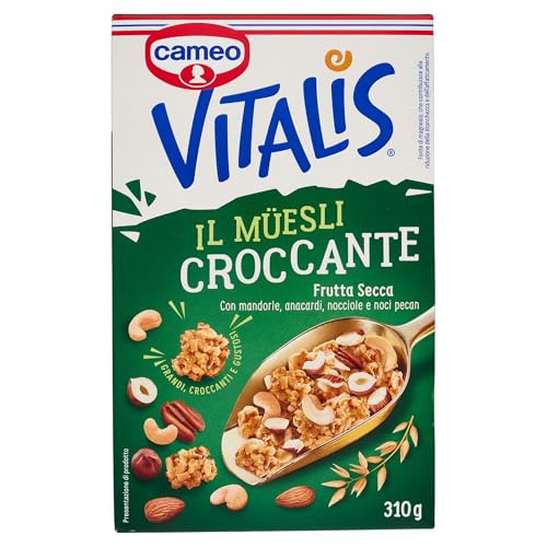 Cameo Vitalis Muesli Croccante Frutta Secca, con Fiocchi Integrali di Avena Mandorle Anacardi Nocciole e Noci Pecan, Cereali Grandi Croccanti e Gustosi, Circa 10 Porzioni, Ricco di Fibre, 310 g