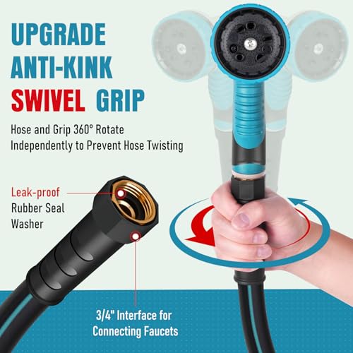 Image of Garden Hose 25 ft x 5 /8 inch with Nozzle, Water Hose Heavy Duty Flexible, Lightweight Kink-less Hybrid Hose with Swivel Handle, Male to Female Fittings (Blue, 25FT)