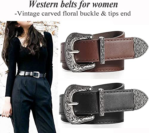 Image of Western-Leather-Belts-Women Vintage Waist-Belts with Hollow Out Flower