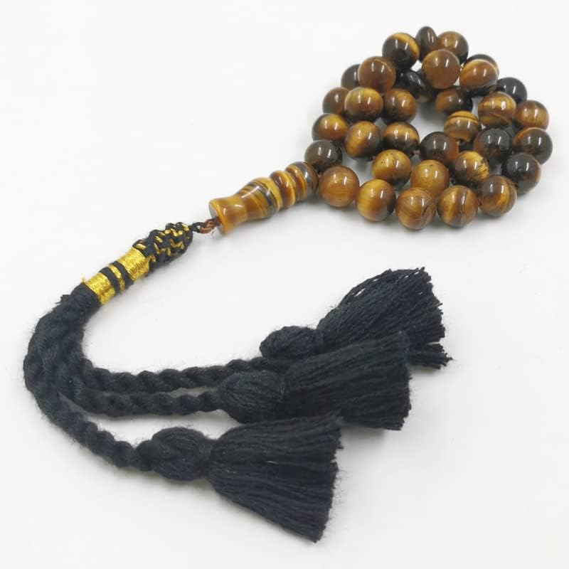 Tasbih Men Natural Tiger Eye Stone Black Handmade Turkish Tassel Muslim Prayer Beads Islamic misbaha Store Arabic Accessories (10mm x 99 Beads)