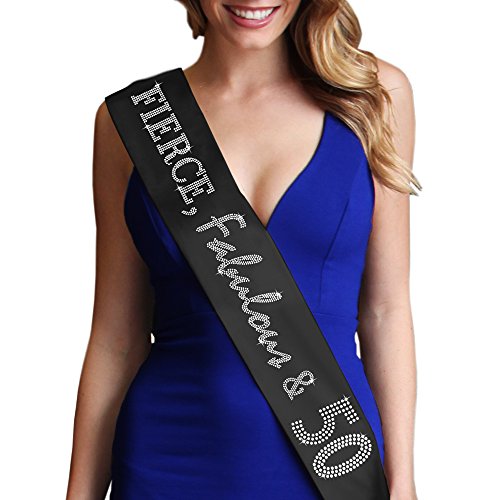 50th Birthday Decorations - Crystal Rhinestone Fierce, Fabulous & 50 Rhinestone Satin Sash - 50th Birthday Supplies2