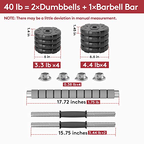 RUNWE Adjustable Dumbbells Barbell Set, Free Weight Set with Steel Connector at Home/Office/Gym Fitness Workout Exercises Training, All-Purpose for Men/Women/Beginner/Pro(40 lbs-2 Dumbbells in Total)
