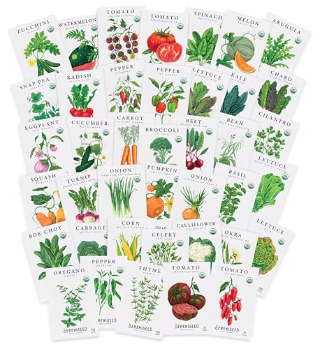 Image of Sereniseed Organic Vegetable Seeds (40-Pack) - Non GMO, Open Pollinated - Basil, Snap Pea, Broccoli, Bean, Jalapeno, Tomato, Lettuce, Cucumber, Carrot, Zucchini Seeds for Planting