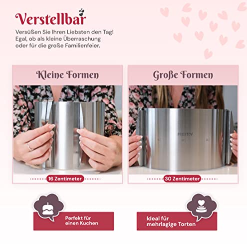 Foto von PRESTOV Tortenring Verstellbar 15cm profi Tortenring hoch - Am besten für hohe und mehrschichtige Kuchen-16-30cm Backring - eingravierter Skala und Befestigungsclips -Edelstahl mit Abgerundeten Kanten