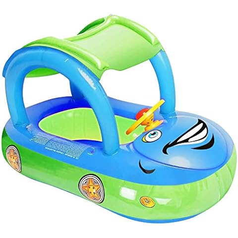 iGeeKid Inflatable Baby Pool Float with Canopy, Safty Seat for Infant Baby Swim Float Rings Car Shaped Swimming Pool Floaties for Baby Toddler Age of 6-36 Months (Light Blue) Cover