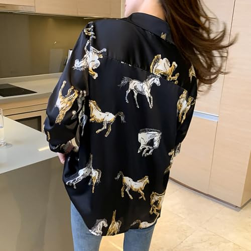 Womens Button Down V Neck Shirts Long Sleeve Casual Dressy Horse Printed Blouses Tops4