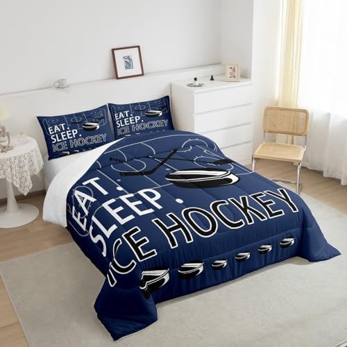 Image of Feelyou Ice Hockey Comforter Set Navy Blue Bedding King for Kids Teens