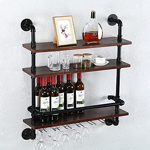 Industrial Pipe Shelf Wine Rack Wall Mounted with 7 Stem Glass Holder,3-Tiers Rustic Floating Bar Shelves Wine Shelf,30in Real Wood Shelves Wall Shelf Unit,Steam Punk Pipe Shelving Wine Glass Rack steampunk buy now online