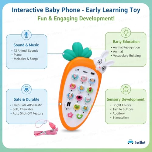 Image of FunBlast Cartoon Musical Mobile Phone for Kids, Mobile with Light & Sound Toys for Babies | Educational Toys for Kids 3+ Years /Boys /Girls-1 Unit (Radish-Orange)
