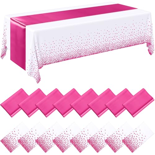 Tudomro 16 Pieces White and Hot Pink Disposable Plastic Tablecloths and Satin Table Runner Set 54x108 Inch Tablecloth 12x108 Inch Table Runners for New Year Wedding Birthday Baby Shower Graduation by Tudomro - Used condition - US$26.59