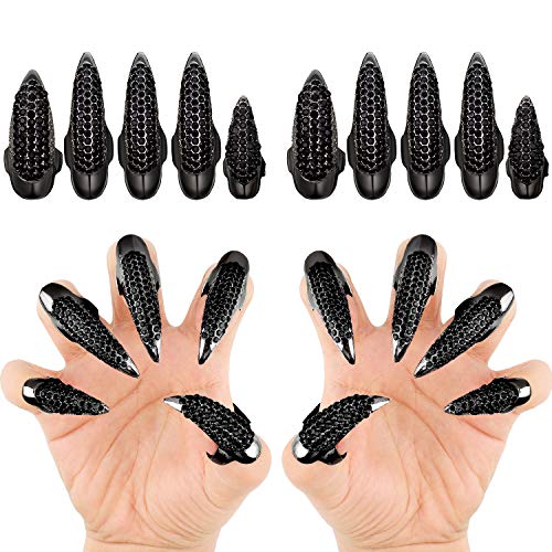 20 Pieces Halloween Costume Claws Fake Nails Rings Set, 3 Sizes Gothic Punk Style Crystal Rhinestone Finger Rings Bend Fingertip Fingernail Claws for Girls Women Men Halloween Cosplay Supplies, Black