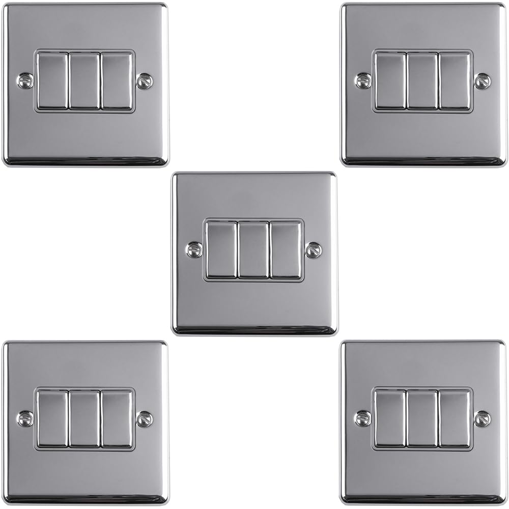 Metall-Lichtschalter, 3-Gang-Dreifach-Lichtschalter, poliertes Chrom, 2-Wege, 10 A, graue Zierleiste, dekorative Küche, Wohnzimmer, Schlafzimmer, 5 Stück