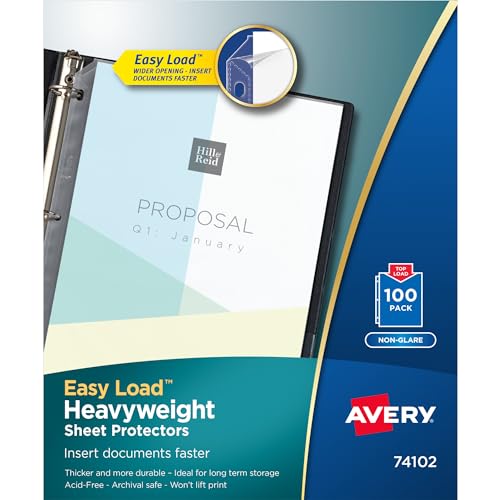 Avery Clear Heavyweight Sheet Protectors Non-Glare Easy Load 100 Document Protectors (74102)