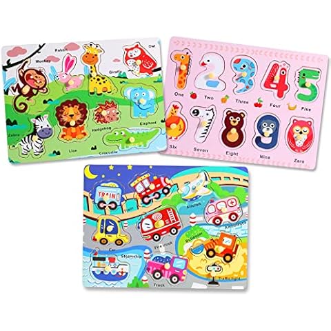 Wooden Peg Puzzles for Toddlers 2 3 4 Years Old, Kids Educational Preeschool Peg Puzzles Toy, 3 Pcs Toddler Puzzles Set - Traffic, Animals and Nunbers, Great Gift for Girls and Boys Cover