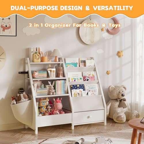 Kids Bookshelf and Toy Storage Organizer, Kids Bookcase Montessori 3 Tier Baby Toddler Sling Book Shelf with Drawer Pockets for Kids Room, Nursery, Playroom, Bedroom, White - Thumbnail 7