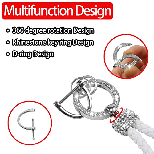 Worcas Car Keychain With Bling Rhinestones,Eather Woven Keychain,360 Degree Rotatable Universal Key Fob Keychain For All Cars(White-Silver) #TOP4