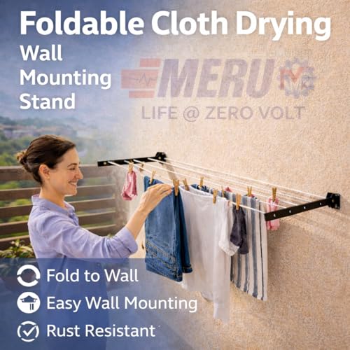 Image of Cloth Drying Foldable Wall Mount Stand with 50 Feet Rope and 5 Rows for Balconies, Terrace I Indoor & Outdoor Use I Space Saving I Metal Black I (Foldable Wall Mount Stand)
