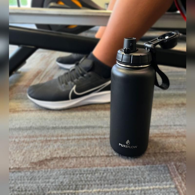 Miniatura 9 de PUREFLOW Botella de agua de acero inoxidable de 32 onzas con tapa para pajitadeportiva y bolsa de transporte, tapa a prueba de fugas, tapa abatible,