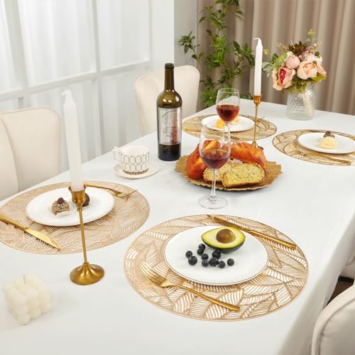 U'Artlines 6 Pack Round Pressed Vinyl Placemats Metallic Place Mat Laminated Leaf Placemats Non-Slip Heat Insulation Kitchen Washable Table Mats Decoration Gold — view 2