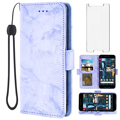 Asuwish Compatible with Google Pixel 2 Case and Tempered Glass Screen Protector Cell Accessories Card Holder Slot Kickstand Protective Flip Marble Wallet Phone Covers for Pixel2 Pixle Two G011A Purple