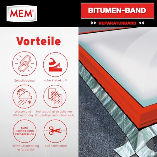 MEM Bitumen-Band, Selbstklebendes Dichtungsband, UV-beständige Schutzfolie, Stärke: 1,5 mm, Maße: 10 cm x 10 m, Farbe: Aluminium
