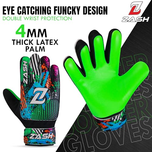 ZASH Soccer Goalie Gloves for Kids, Youth & Adult Football Goalkeeper Gloves Double Wrist Protection with 4-mm Latex Strong Grip Palm (Green-Fluorescent, Size 4 Suitable for 6 to 9 Years Old)