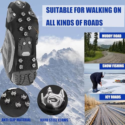 Spikes für Schuhe Winter,10 Stahlzähnen Schuhspikes zum Überziehen Antirutsch Schneeketten für Schuhe, Spikes Schuhe gegen Glatteis Steigeisen für Wanderschuhe Outdoor Laufen Wandern (Silber, L)