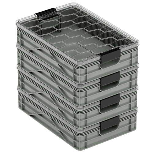 SIDIO Quarter Crate 4 Pack of Stackable Storage Bins - Organizer Bins with Dividers for Garage Organization, Home Storage - Heavy Duty Plastic Containers - 19.16” x 12.75”x 4.57” (Aircraft)