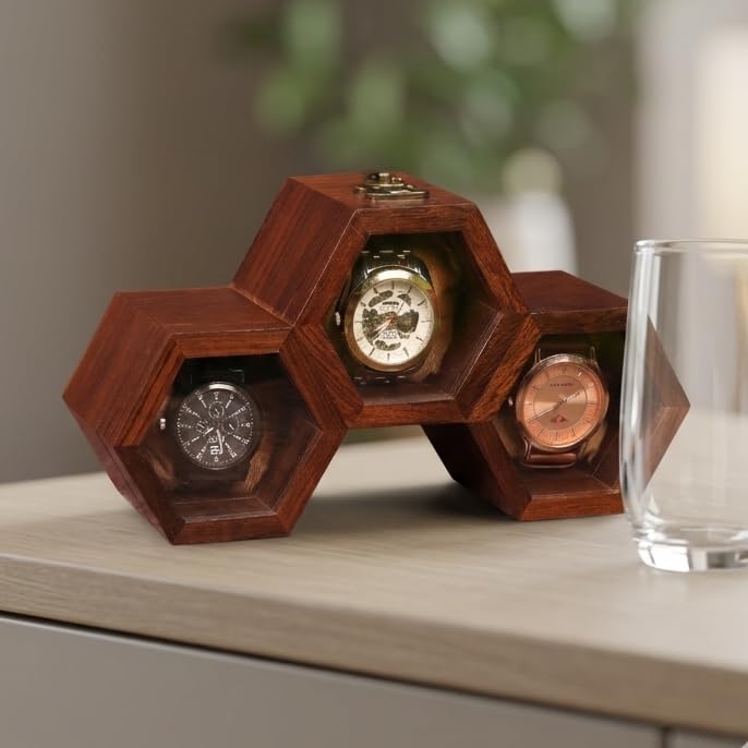 Image of Honeycomb Design Wooden Watch Box, 3 Compartment Handmade Organizer Case, Golden Brown Velvet Lined Gift For Men & Women, Dustproof Storage Box & Durable
