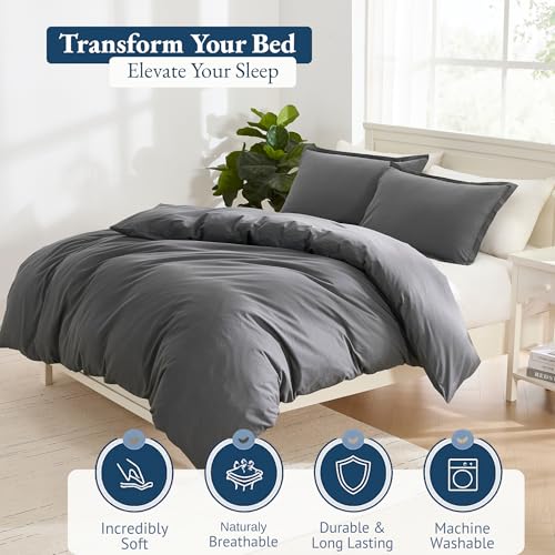 Image of LANE LINEN Double Size Duvet Cover Set - 100% Organic Cotton, 3-Piece Soft & Sustainable Bedding, Includes 1 Duvet Cover 200 x 200 cm and 2 Pillow Shams - Machine Washable - Charcoal