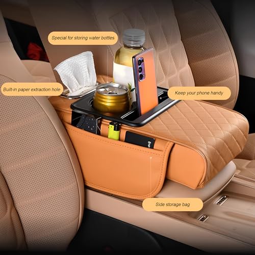 Zpana Car Center Console Armrest Pillow, Memory Foam Leather 4 in 1 Vehicle Arm Rest Cover with Tissue Box 2 Side Storage Bag Cup & Phone Holder, Auto Armrest Cushion, Universal Fit (Black)