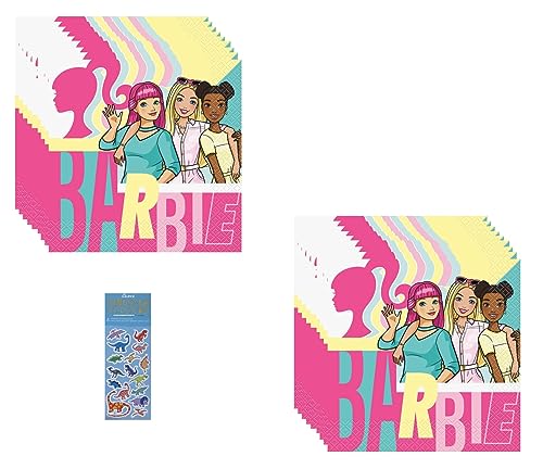 Barbie Birthday Party Supplies Bundle includes 32 Lunch Paper Napkins and 1 Dinosaur Sticker Sheet