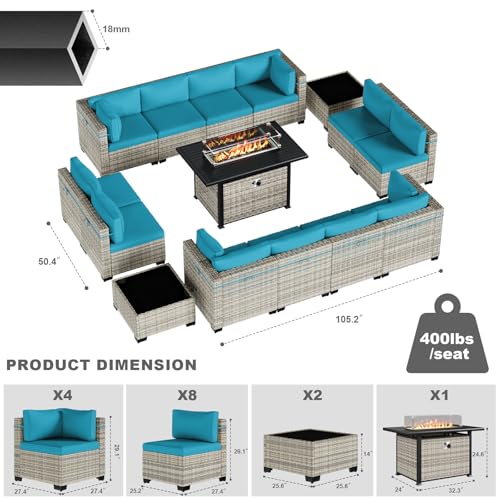 Image of Outdoor PE Wicker Rattan Modular Patio Sectional Sofa Set | 15-Piece: 12 Modular Seats, 2 Coffee Tables & 55,000 BTU Fire Pit Table, Lake Blue