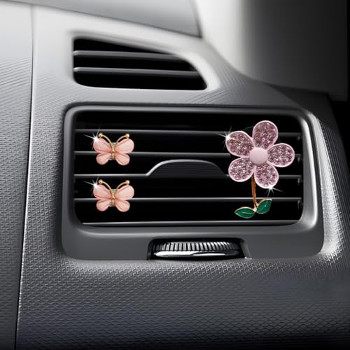 Image of 3PCS Bling Car Air Vent Clips, Butterfly Flower Rhinestone Vehicle Conditioning Outlet Clamps, Diamond Vent Clip Charm Decoration for Women Girls, Universal Automotive Accessories (Pink)