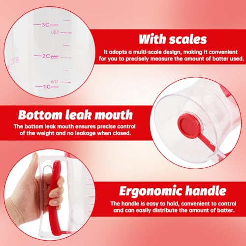 4 Cup Pancake Batter Dispenser With 1 Cupcake Batter Dispenser Scoop, Pancake Maker with Measuring Label And Squeeze Handle,for Pancakes, Cupcake, Waffle, Muffin Mix(red) - Thumbnail 3