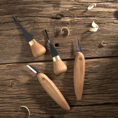 Image of Flexcut Premium Series Wood Carving Tool Set, 4-Piece Beginner Palm & Knife Set with Cutting and Detail Knives, Sweep and Parting Palm Tools, Ergonomic Cherry Wood Handles, USA Made