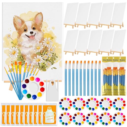 100-Pack 8x10 Inch Canvas Boards for Painting Complete Art Kit with 50 Brushes 20 Art Aprons & Paint Trays Includes Mini Easel for Adults Beginners & Party Art Projects Home Deco
